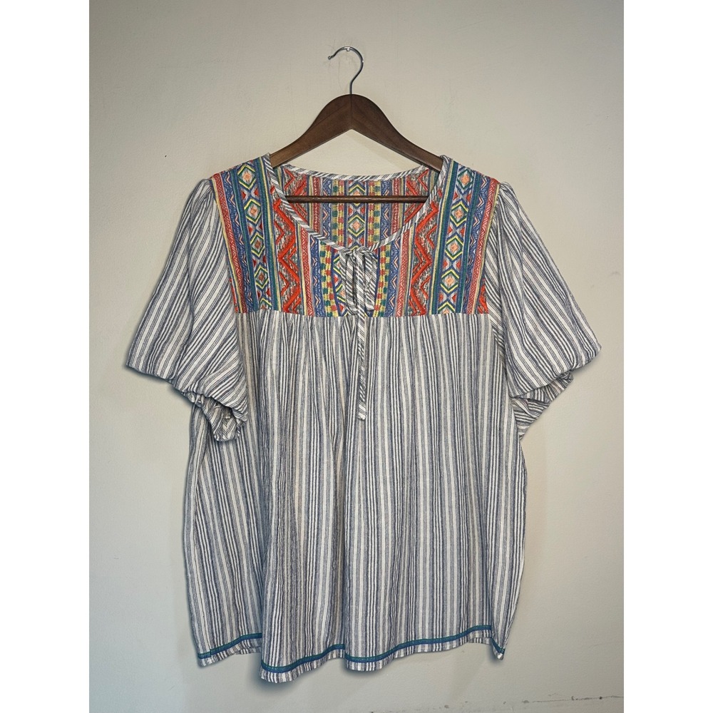 Embroidered Geometric Yoke Striped Boho Plus Peasant Blouse Blue White 1X